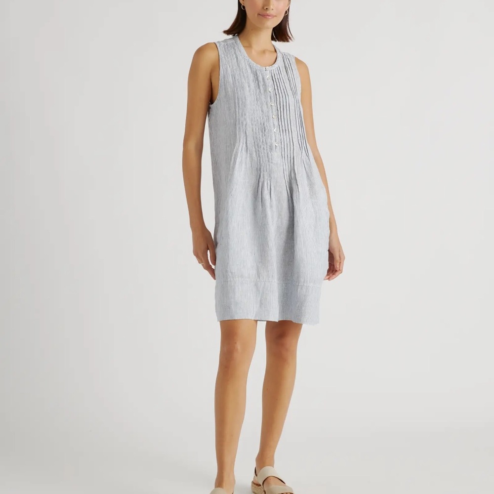 100% European Linen Sleeveless Swing Dress in Blue Pinstripe